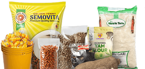 Nigerian food products including semovita, yam flour, garri, egusi, dried fish, and fresh peppers